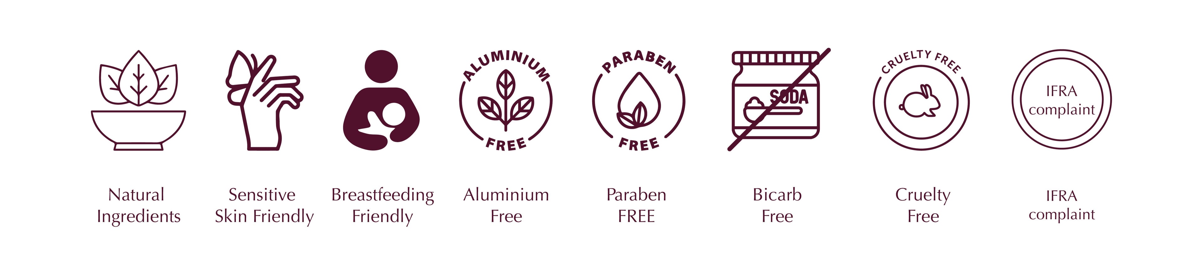 Set of icons and text indicating product features on a white background